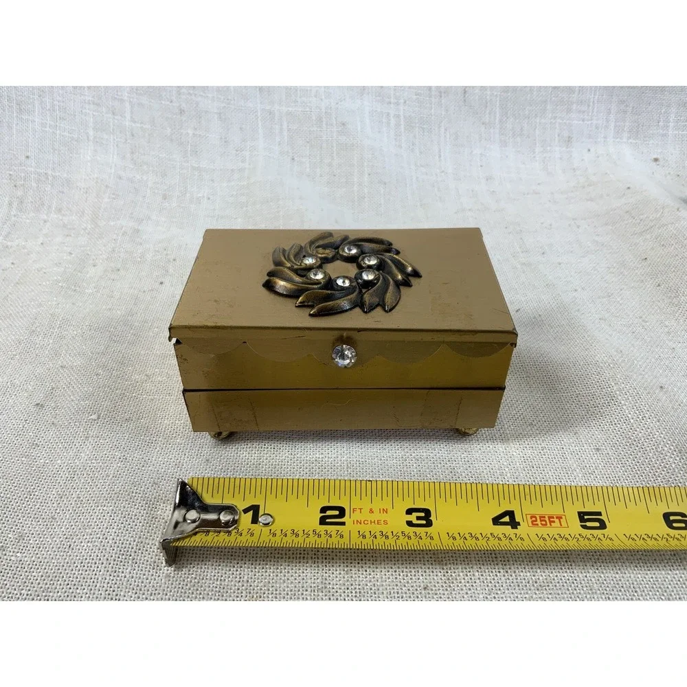 VTG 1950s Metal 2-tier Hinged Gold Jewelry Box Rhinestones Velvet Interior READ